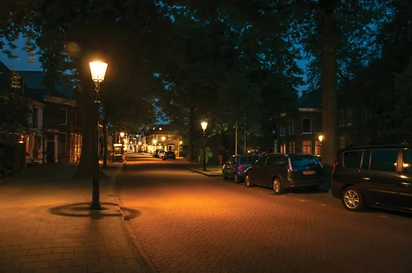 Vista nocturna de calle ancha y poste de luz en Weesp —  Fotos de Stock