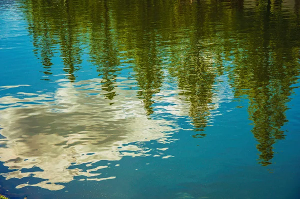 Nuvole e alberi riflessi nella superficie dell'acqua del canale in Weesp — Foto Stock