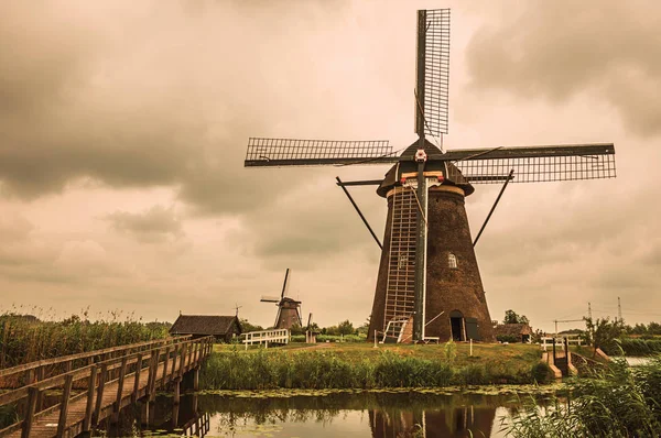 Kinderdijk bulutlu bir günde çalılar ve yel değirmenleri ile Kanal