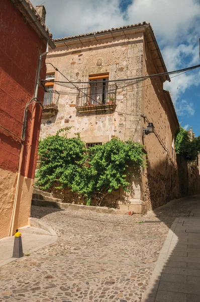 Antigua fachada del edificio con enredadera verde, en esquina del callejón de Cáceres — Foto de Stock