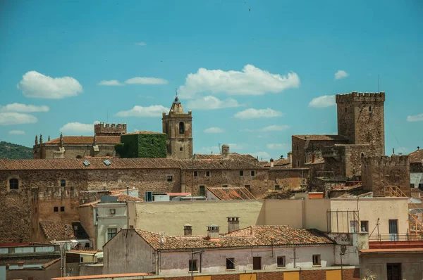 Cityscape with old building roofs and church bell tower at Caceres — Stock Photo, Image
