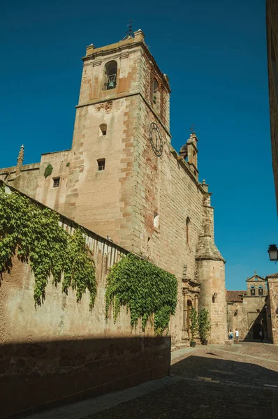 Parede coberta por trepadeiras e fachada da igreja com torre sineira em Cáceres — Fotografia de Stock