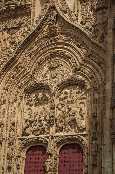 Fasáda s dřevěnými dveřmi na nové katedrále v Salamance — Stock fotografie