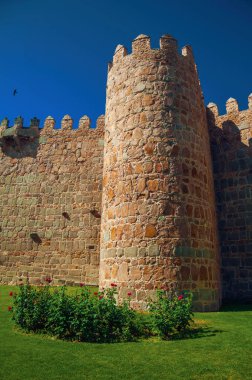 Avila'da şehir duvarında kule ve yeşil bahçe