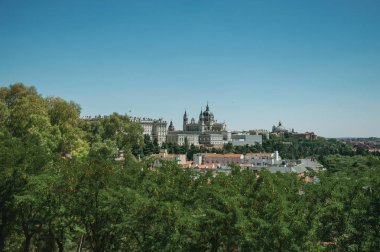 Kraliyet Sarayı ve Almudena Katedrali Madrid'de ağaçların arasında