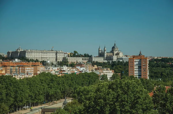 Royal Palace and Almudena Cathedral with trees from garden at Madrid — Stock Photo, Image