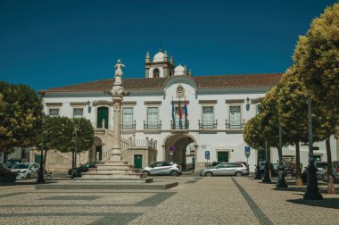 Arka planda ağaçlar ve Belediye Binası ile kare Mermer pillory
