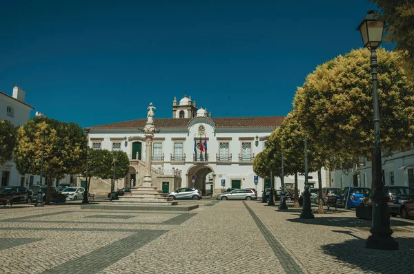 Marmorpranger auf dem Platz mit Bäumen und Rathaus im Hintergrund — Stockfoto