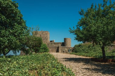 Marvao Kalesi'nde duvar ve kuleye giden ağaçlarla patika