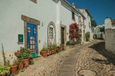 Arnavut kaldırımlı sokakta eski beyaz badanalı evler ve çiçekli çalılar