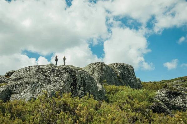 Hikers on top of rock formation with bushes — Stock Photo, Image