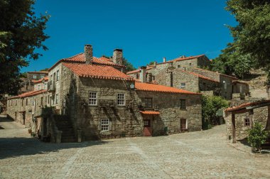 Yapraklı ağaçlar ve ıssız sokak ile Gotik evler