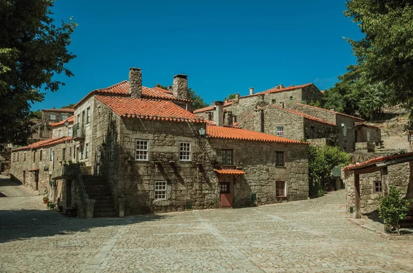 Casas góticas com árvores frondosas e beco deserto — Fotografia de Stock