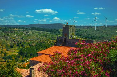 Kayalık uçurumun üzerinde çiçekli yapraklı ağaçlar ve kale