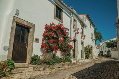 İnsanlar ve eski çiçekli evler ile Arnavut kaldırımlı sokak