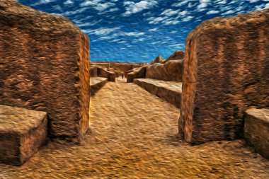 Lima, Peru, 28 Temmuz 2002. Chan Chan 'in arkeolojik sahasındaki çamur duvarlarının içinden geçen geçit. Peru, Lima 'nın kuzeyindeki İnka öncesi Chimu medeniyetinin başkenti. Yağlı boya filtresi.