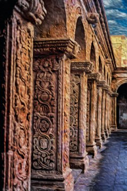 Arequipa 'daki eski bir manastırın avlusunda oyulmuş büyüleyici süslemelerle sütunlar. Tarihsel merkezinde güçlü bir İspanyol etkisine sahip olan kent, Peru 'nun ikinci büyük şehridir. Yağlı boya filtresi.