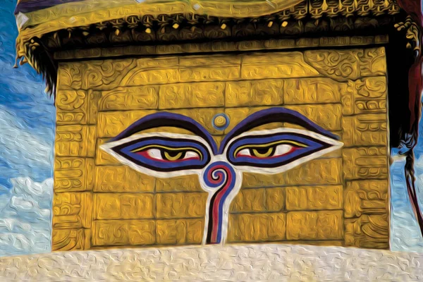 Красочные Глаза Будды Нарисованные Вершине Ступы Богато Украшенного Храма Катманду — стоковое фото