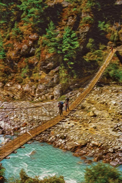 People Crossing Precarious Suspension Bridge River Trail Himalayan Valleys World — Stock Photo, Image