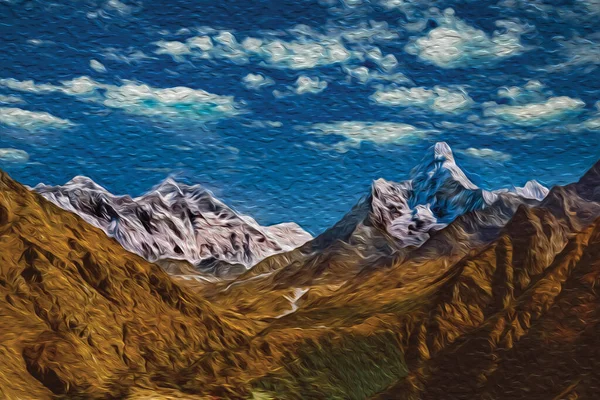 Olbrzymie Śnieżne Góry Głębokie Doliny Błękitnym Niebem Pośród Himalajów Największe — Zdjęcie stockowe