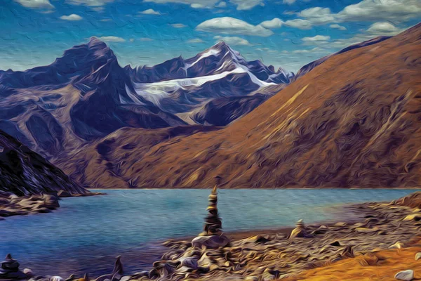 Olbrzymie Śnieżne Góry Głębokie Doliny Błękitnym Niebem Jeziorem Himalajach Największe — Zdjęcie stockowe