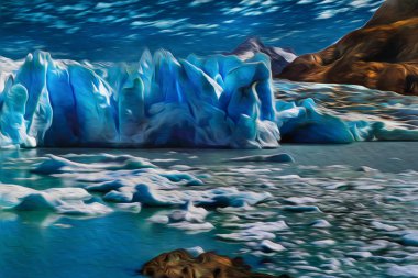 Buzul dağlardan Torres del Paine Milli Parkı 'ndaki bir göle doğru iniyor. Güney Şili Patagonya 'daki dağları, buzulları, gölleri ve nehirleri kapsayan bir park. Yağlı boya filtresi.