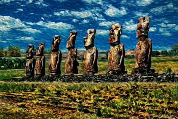 イースター島の畑でラパ ヌイ族によって彫刻されたモアイと呼ばれる古いモノリシックな人間像 チリ西部の太平洋の真ん中に位置する世界遺産 油絵具フィルター — ストック写真