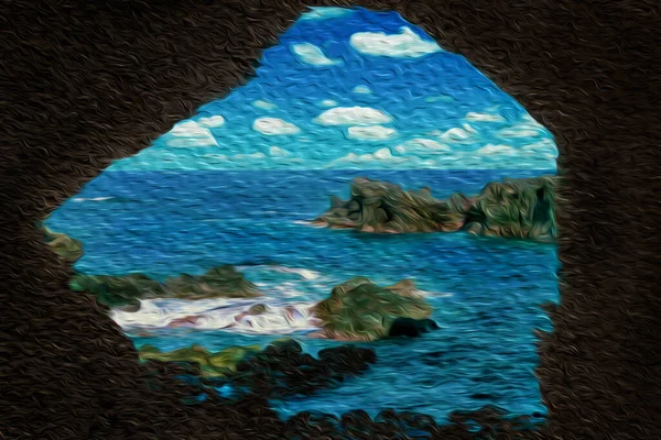 热带风景 岩石在海边 从复活节岛上的一个黑暗洞穴看到 智利西部太平洋中部的一个世界遗产遗址 油漆过滤器 — 图库照片