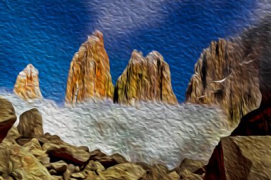 Rocky peaks from the Cordillera Paine in the Torres del Paine National Park. A gorgeous park encompassing mountains, glaciers, lakes, and rivers in southern Chilean Patagonia. Oil paint filter. clipart