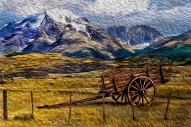 Mountain landscape with wagon in the foreground at Torres del Paine National Park. A gorgeous park encompassing mountains, glaciers, lakes, and rivers in southern Chilean Patagonia. Oil paint filter. clipart