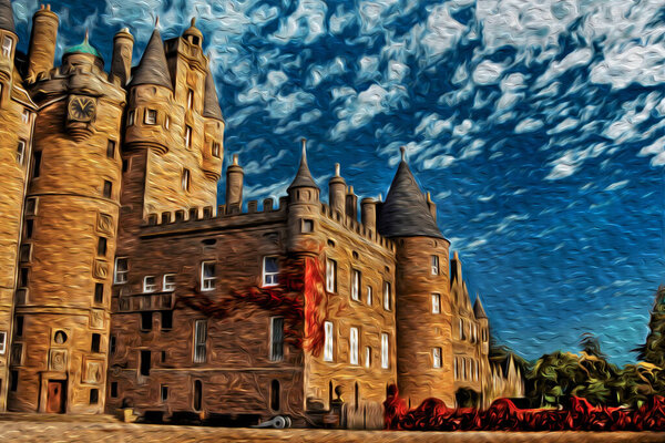 Facade of Glamis Castle with battlements and pointed turrets, made in red sandstone is the epitome of baronial grandeur in central Scotland. Oil paint filter.