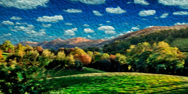 Heuvelachtig Landschap Met Bomen Velden Een Zonnige Zomerdag Aan Het — Stockfoto