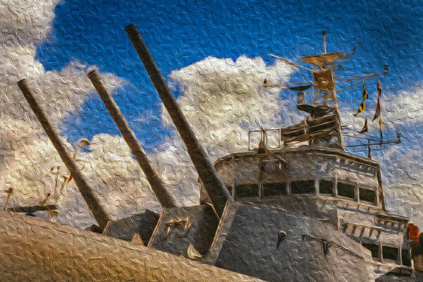 Heavy cannons and ship bridge on the HMS Belfast warship in London. Capital of England and the United Kingdom, is also one of the most important cities of world. Oil paint filter.