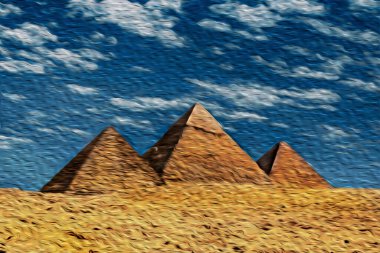 Giza piramitleriyle çöl manzarası, firavunlar için eski bir mezarlık. Kahire 'nin güneybatısında yer alan bu antik Mısır harikası dünyanın en büyük turistik yerlerinden biridir. Yağlı boya filtresi.