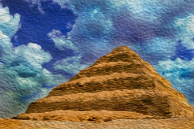 Tarihte bilinen en eski taş bina kompleksi olan Djoser Piramidi 'nin basamağına bakın. Mısır 'da Kahire' nin güneybatısındaki çölde bulunan bir arkeolojik bölge olan Saqqara 'da bulunuyor. Yağlı boya filtresi.