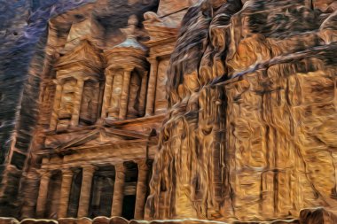 El-Khazneh tapınağının ön cephesi eski Petra arkeolojik bölgesindeki kayadan oyulmuş. Ürdün 'ün güneyindeki kayalıklardan binaların oyulduğu tarihi bir şehir. Yağlı boya filtresi.