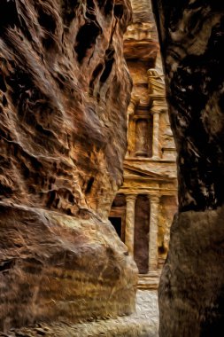 El-Khazneh tapınağının Petra arkeolojik alanına açılan geçitten çıkışındaki ilk görüntüsü. Ürdün 'ün güneyindeki kayalıklardan oyulmuş tarihi bir şehir. Yağlı boya filtresi