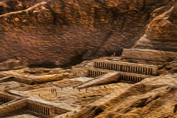 ルクソール近くのテバス ネクロポリスの巨大なハッシェプスト寺院の周りのロッキークラッグ エジプト中央部の寺院や墓の多くの遺跡を持つ野外博物館 油絵具フィルター — ストック写真