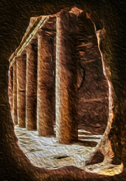 在佩特拉的古代考古遗址 岩石上的孔洞构成了一个柱廊 一个令人难以置信的历史性城市 在约旦南部的悬崖上雕刻了许多建筑 油漆过滤器 — 图库照片