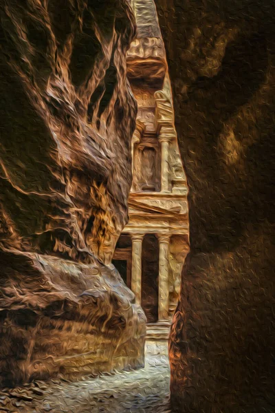 ペトラの考古学遺跡につながる峡谷を出ると カズネー寺院の最初の垣間見ることができます 南ヨルダンの崖から彫刻された建物のある歴史的な都市 油絵具フィルター — ストック写真