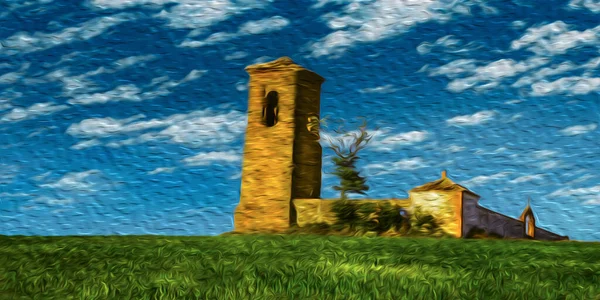 Сельский Пейзаж Колокольней Стенами Зеленом Поле Солнечный День Пути Святого — стоковое фото