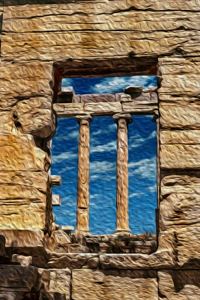 Sloupce Zarámované Oknem Mramorovém Chrámu Akropoli Aténách Tento Mocný Řecký — Stock fotografie