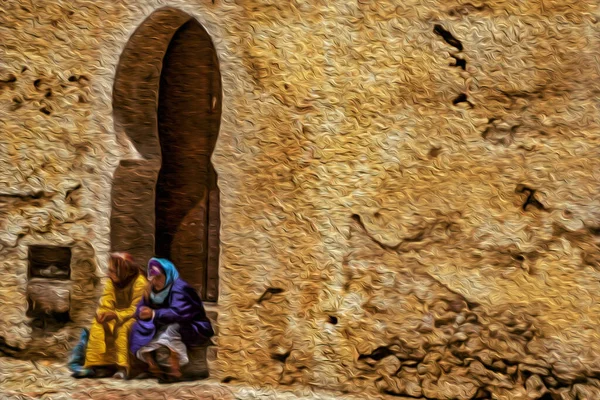 Mulheres Marroquinas Roupas Tradicionais Sentadas Porta Velha Medina Meknes Uma — Fotografia de Stock