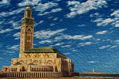 Hasan II camii, Kazablanka 'da deniz kenarındaki büyük ve renkli minaresi ile. Atlantik kıyısında yer alan bu şehir Fas 'ın ekonomik ve iş merkezi olarak kabul edilir. Yağlı boya filtresi.