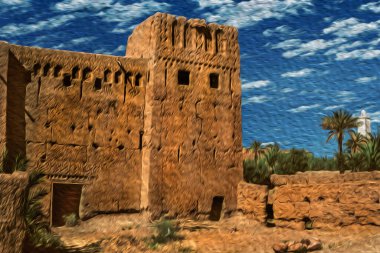 Eski bir Kasbah harabe halinde, Ouarzazate köyü yakınlarında çamurdan yapılmış bir kale. Çoğunlukla Berber konuşmacıların yaşadığı bu Fas kasabası çöl kapısı olarak bilinir. Yağlı boya filtresi.