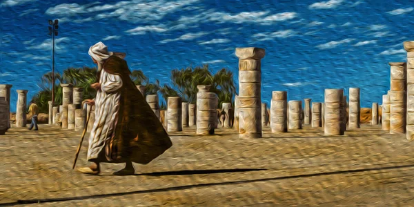 Old Man Traditional Clothes Walking Several Columns Incomplete Mosque Mausoleum — Stock Photo, Image