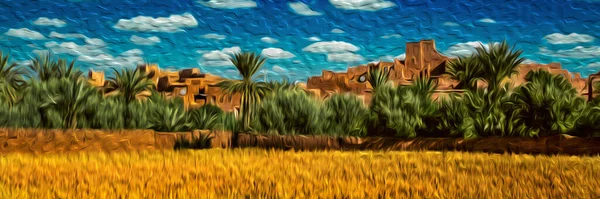 Oarzazate近くの丘陵地帯に遺跡やヤシの木の古いカスバと泥で建てられた村 このモロッコの町は砂漠の扉として知られているバーバーのスピーカーが住んでいます 油絵具フィルター — ストック写真