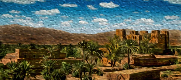 Oarzazate近くの丘陵地帯の遺跡やヤシの木に古いカスバと泥で建てられた村 このモロッコの町は砂漠の扉として知られているバーバーのスピーカーが住んでいます 油絵具フィルター — ストック写真
