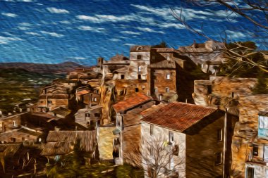 Orvieto 'da kış güneşli bir günde tepenin üstünde eski binaların çatıları olan şehir manzarası. Orta İtalya 'da bulunan eski, hoş ve iyi korunmuş bir ortaçağ kasabası. Yağlı boya filtresi.