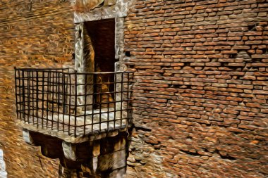 İtalya yazında güneşli bir günde demir balkonu ve kapısı olan eski tuğla bina cephesi. Yağlı boya filtresi.